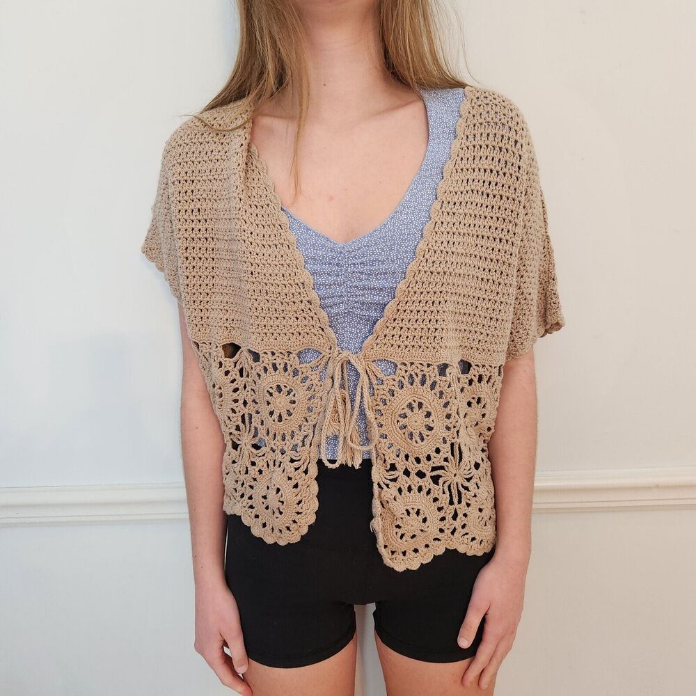 VTG Y2K Wet Seal Sweater Vest Sz Medium Womens Boho Crop Cardigan Hippie…
